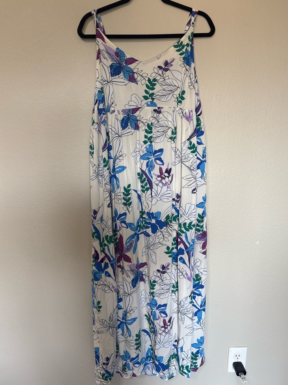 White Floral Maxi Dress with Blue, Green & Purple Print